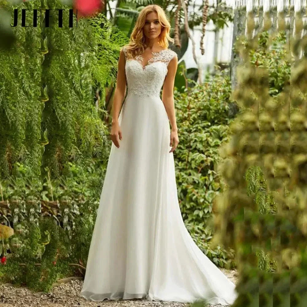 Beach Lace Chiffon Wedding Dress Charming O-Neck Appliques Bridal Gowns A-Line Backless Sleeveless Robe De Mariee 2024 (ZD13495) - VelvetHem