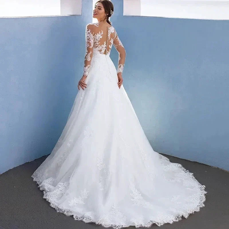 Elegant A-Line Wedding Dresses For Women Long Lace Sleeves With Appliques Bridal Gown Illusion Tulle vestidos de novia (ZD13417)