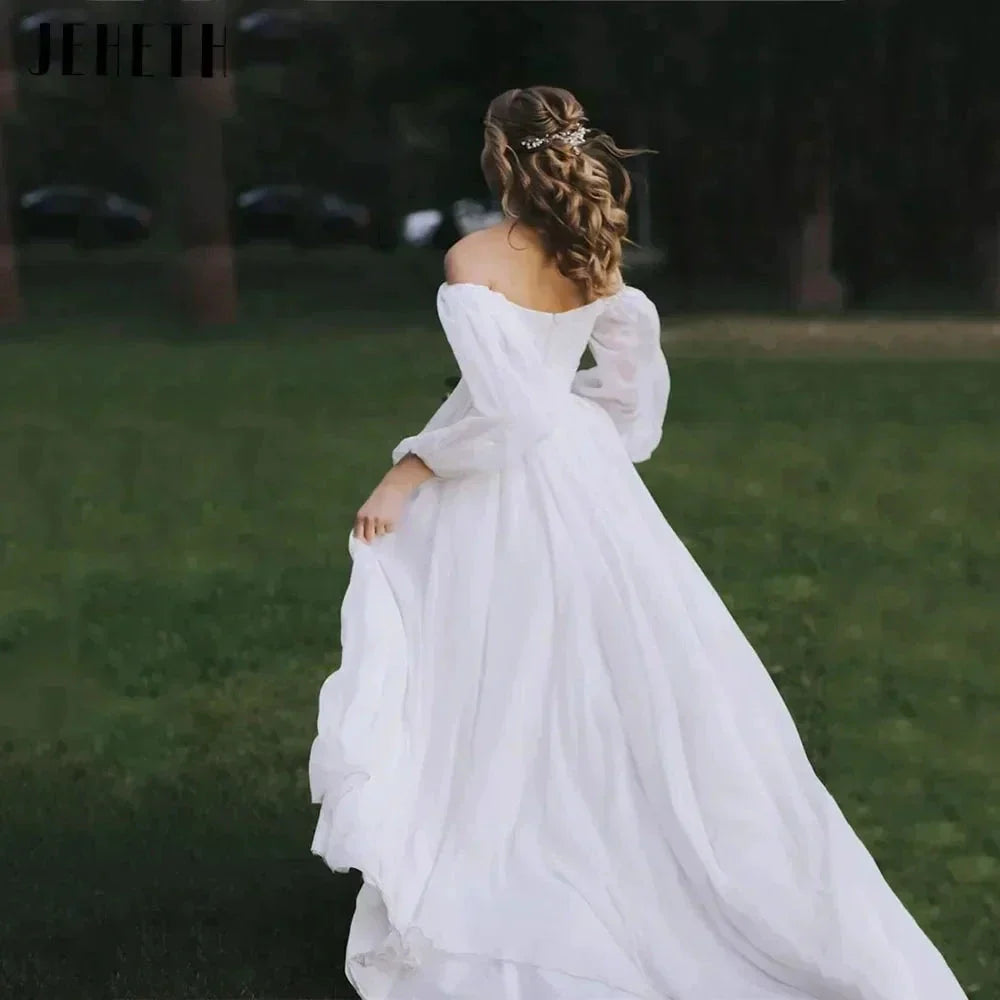 Off the Shoulder Chiffon Boho Wedding Dress 2022 V-Neck Long Lantern Sleeves A-Line Beach Bridal Gowns vestidos de novia (ZD13519)
