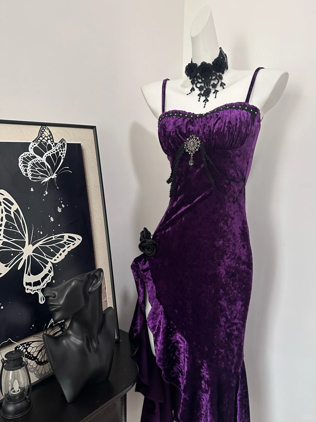 Chic Purple Spaghetti Straps Velvet Ruffles Birthday Outfits Long Party Dress