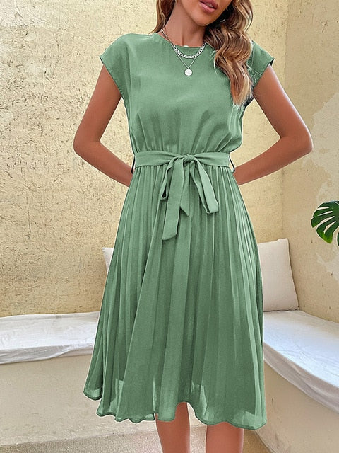 Sabina Chic Short Sleeve Pleated Casual Mini Dress for Summer Everyday Luxe Edit