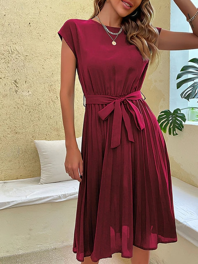 Fiona Premium Chic Short Sleeved Dress with Tie Belt Everyday Luxe Edit
