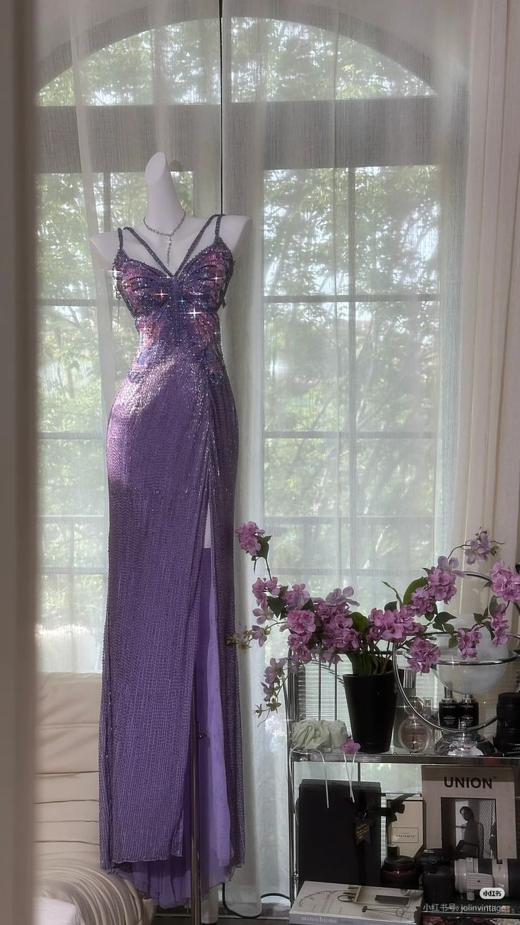 Classy Lavender Chiffon Sequin Spaghetti Strap Slit Party Gown Prom Dress - VelvetHem