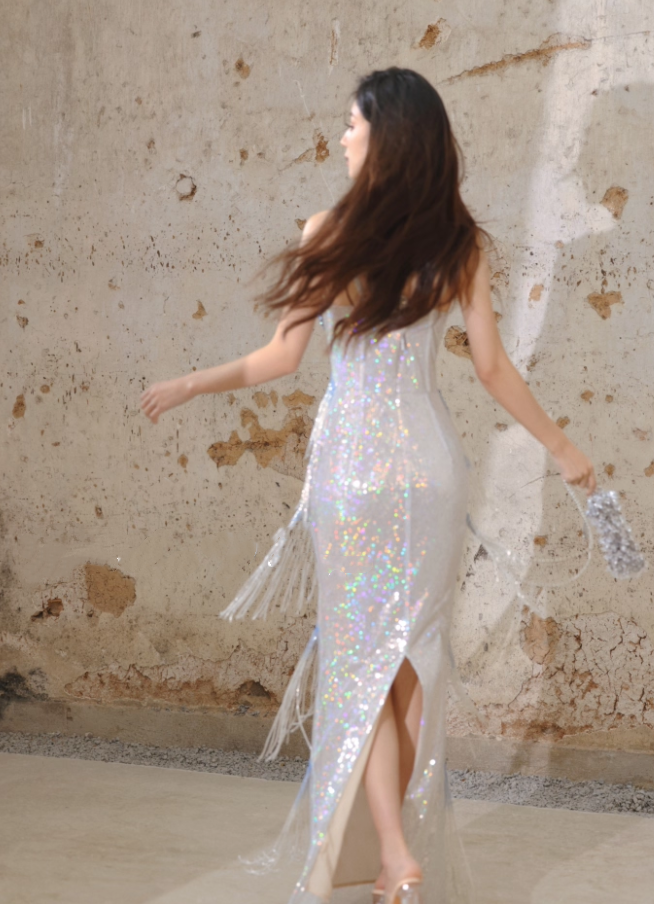 Glitter Spaghetti Straps Sequin Beaded Mermaid Long Evening Dress Birthday Prom Dress With Tassel - View 7 | VelvetHem