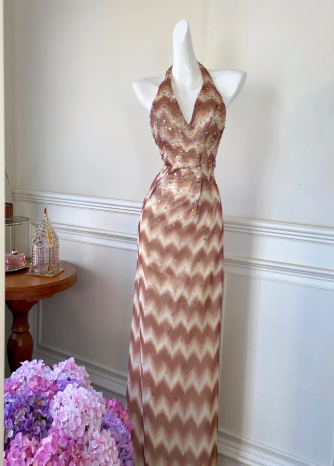 Chic Halter V Neck Chiffon Print Floral Sequin Beaded Mermaid Party Dress Birthday Prom Gown - View 2 | VelvetHem