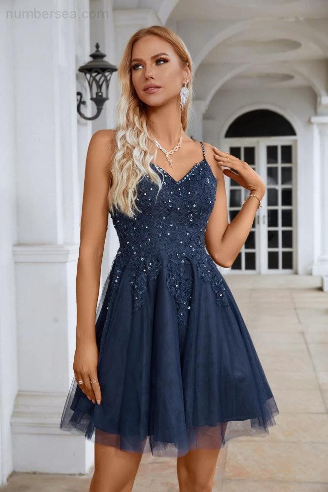 Ladies V Neck Sequins Embroidered Spaghetti Straps Super Short Bridesmaid Evening Dress Wedding Party Beach Evening Dress 28102 (ZD16967)