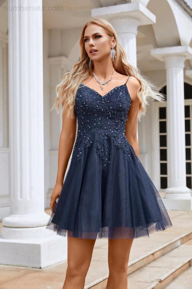 Ladies V Neck Sequins Embroidered Spaghetti Straps Super Short Bridesmaid Evening Dress Wedding Party Beach Evening Dress 28102 (ZD16967)