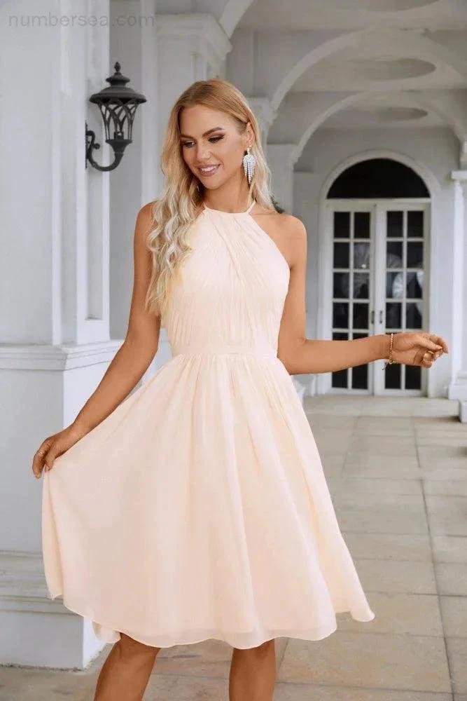 Women's Halter Neck Chiffon Fluffy Bridesmaid Evening Dress Wedding Party Beach Evening Dress 28104 (ZD16963)