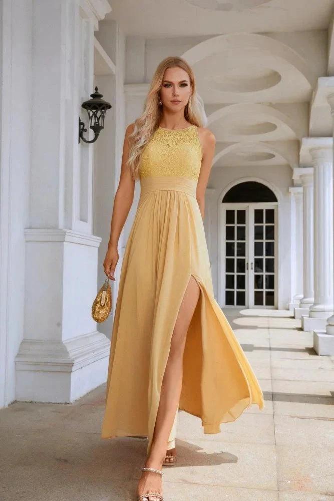 Ladies Lace Chiffon Round Neck Sleeveless Floor Length Bridesmaid Prom Evening Dress Wedding Party Beach 28106 (ZD16972) - VelvetHem