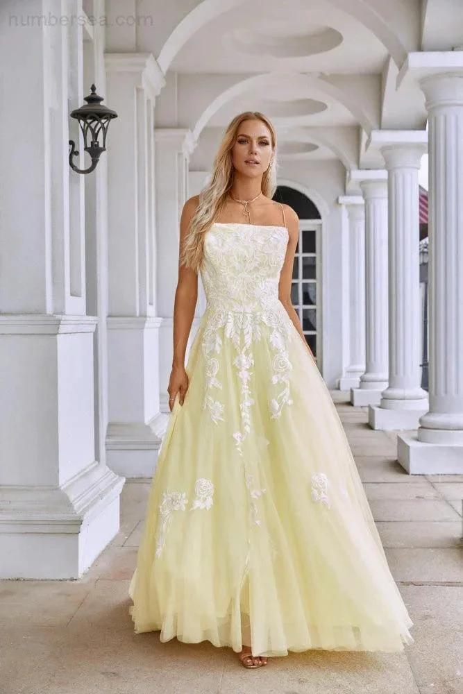 Ladies Spaghetti Strap V Neck Tulle Lace Floor Length Homecoming Dress Prom Wedding Evening Dress 28112 (ZD16985)