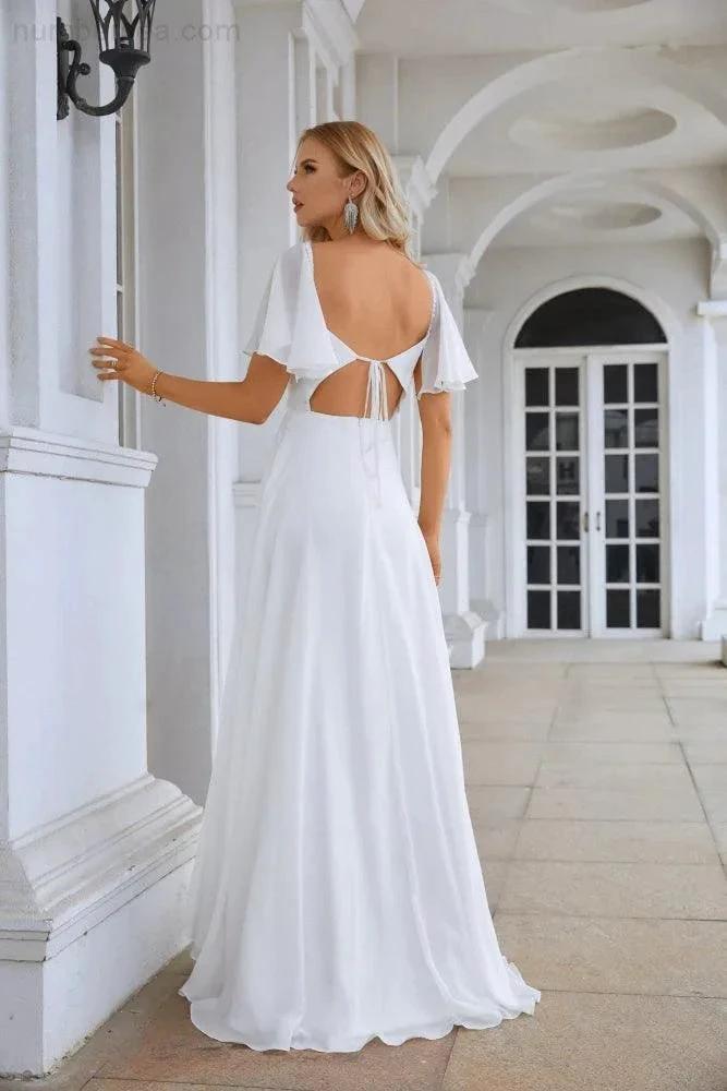 Ladies Chiffon Ruffle Sleeve Front Slit Bridesmaid Evening Dress Prom Wedding Party Evening Dress 28115 (ZD16968)