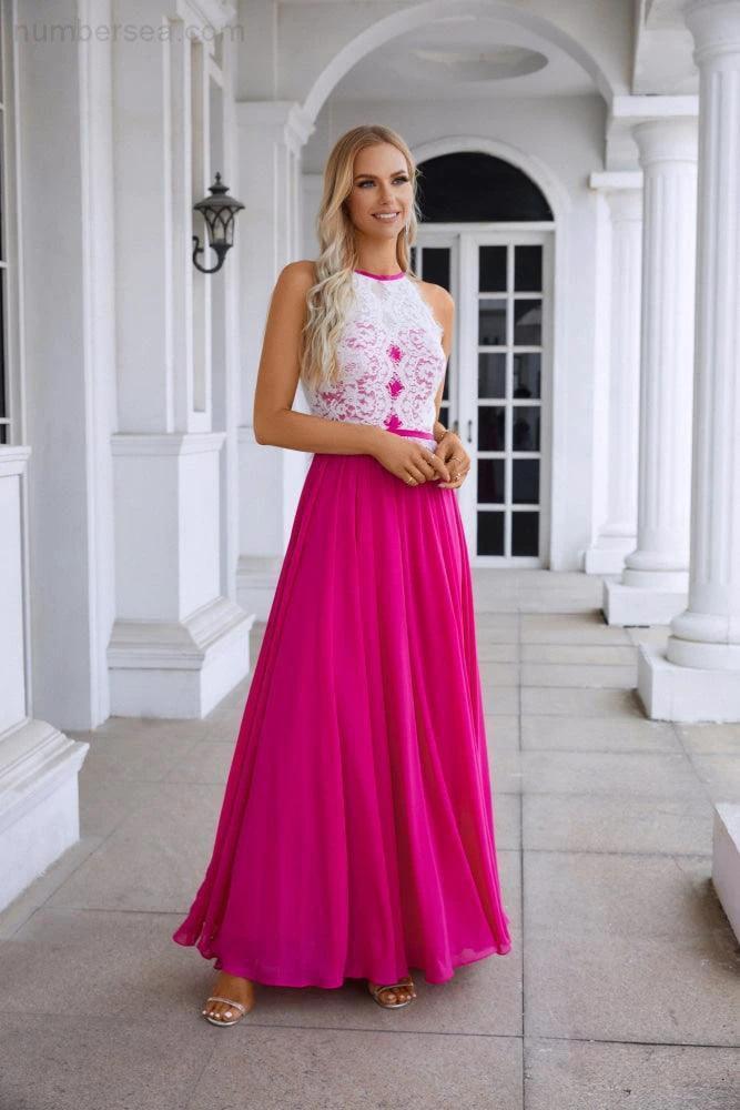 Women's Halter Neck Sleeveless Chiffon Lace Bridesmaid Evening Dress Wedding Prom Party Evening Dress 28120 (ZD17009)