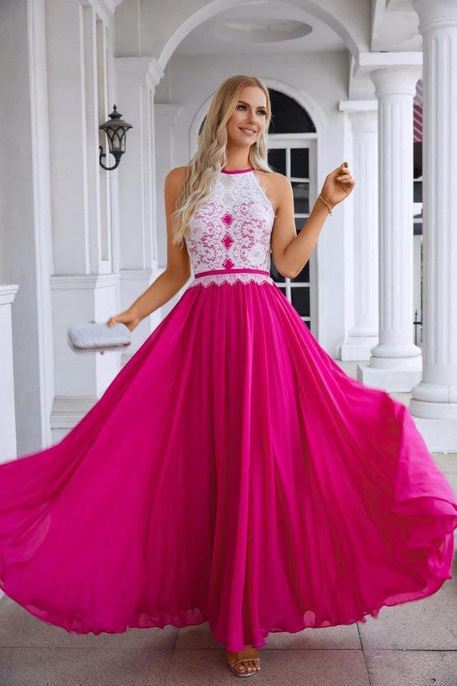 Women's Halter Neck Sleeveless Chiffon Lace Bridesmaid Evening Dress Wedding Prom Party Evening Dress 28120 by numbersea
