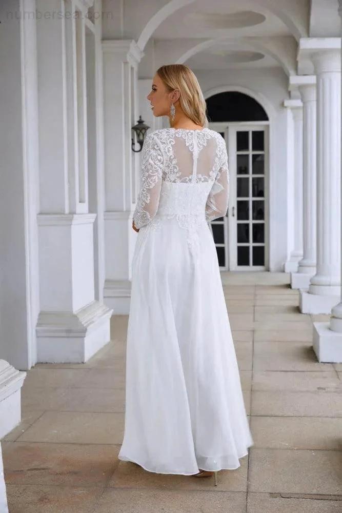 Ladies Round Neck Long Sleeve Front Slit Chiffon Lace Floor Length Bridesmaid Evening Dress Wedding Prom Party Evening Dress 28122 (ZD16975)