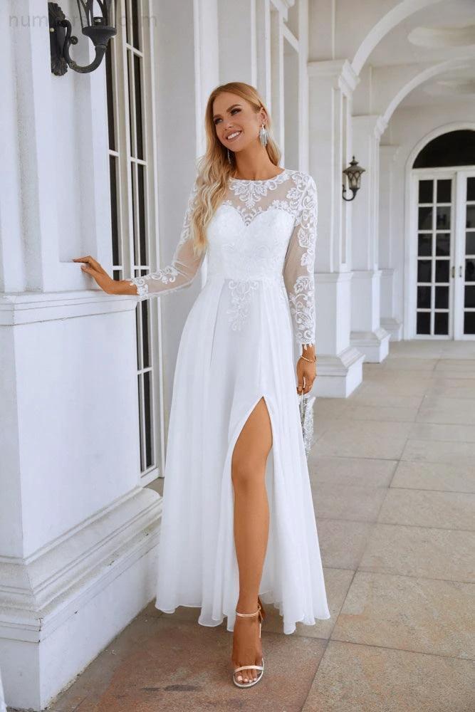 Ladies Round Neck Long Sleeve Front Slit Chiffon Lace Floor Length Bridesmaid Evening Dress Wedding Prom Party Evening Dress 28122 (ZD16975)