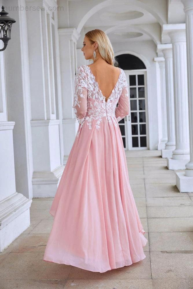 Ladies Round Neck Long Sleeve Chiffon Lace Short Front Short Back Length Length Bridesmaid Evening Dress Wedding Evening Dress 28123 (ZD16974)