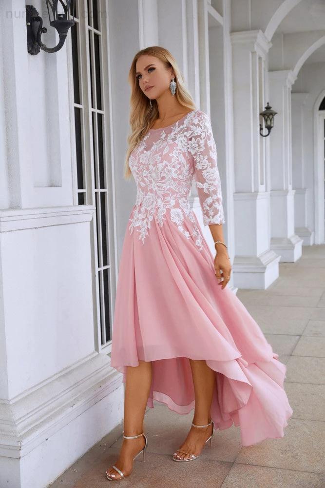 Ladies Round Neck Long Sleeve Chiffon Lace Short Front Short Back Length Length Bridesmaid Evening Dress Wedding Evening Dress 28123 (ZD16974)