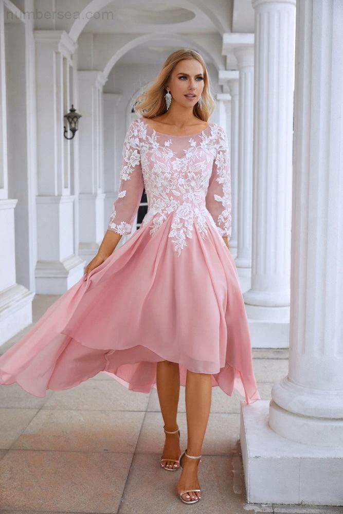 Ladies Round Neck Long Sleeve Chiffon Lace Short Front Short Back Length Length Bridesmaid Evening Dress Wedding Evening Dress 28123 (ZD16974)