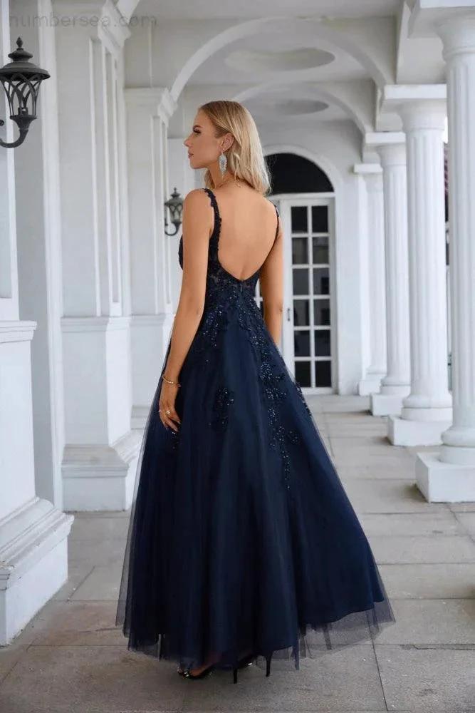 Women's Chiffon V Neck Tulle Embroidery Floor Mop Bridesmaid Evening Dress Prom Wedding Party Evening Dress 28128 (ZD16962)