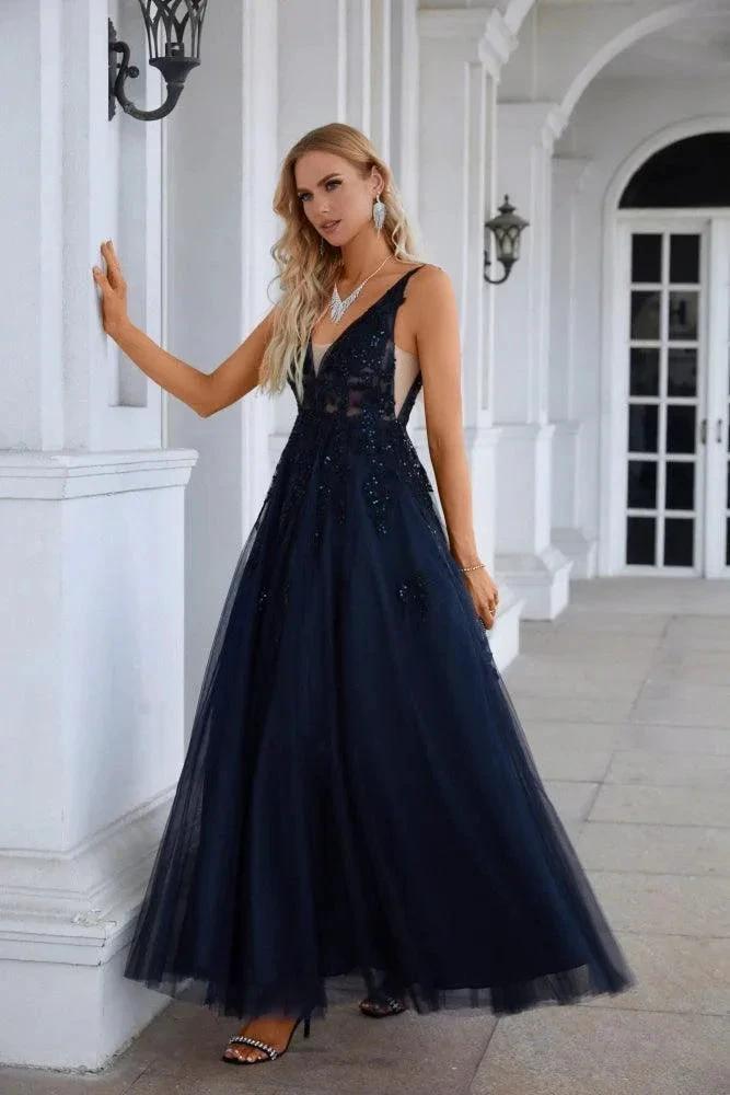Women's Chiffon V Neck Tulle Embroidery Floor Mop Bridesmaid Evening Dress Prom Wedding Party Evening Dress 28128 (ZD16962) - VelvetHem