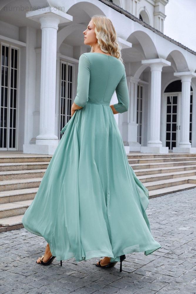 Ladies Chiffon Long Sleeve V Neck Floor Length Bridesmaid Evening Dress Wedding Party Beach Evening Dress 28095 (ZD17014)