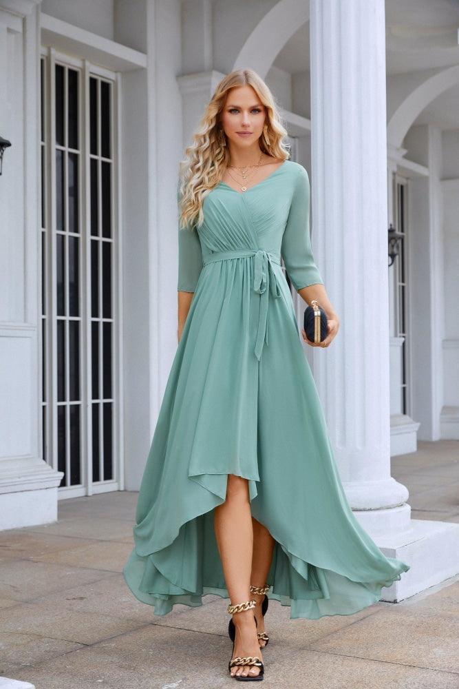 Ladies Chiffon Long Sleeve V Neck Floor Length Bridesmaid Evening Dress Wedding Party Beach Evening Dress 28095 by numbersea