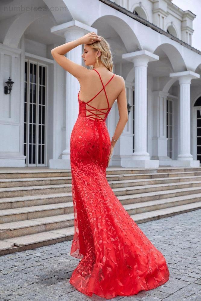 Ladies Double Layer Tulle Spaghetti Strap V Neck Mermaid Front Slit Floor Bridesmaid Wedding Party Evening Dress 28096 (ZD16971)