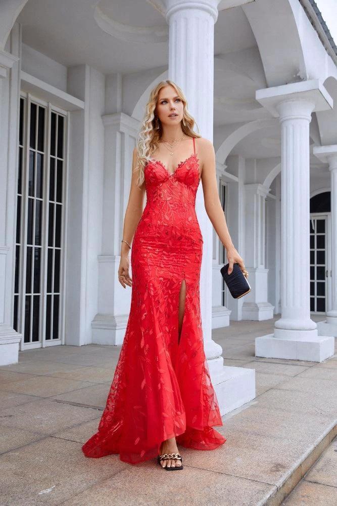 Ladies Double Layer Tulle Spaghetti Strap V Neck Mermaid Front Slit Floor Bridesmaid Wedding Party Evening Dress 28096 by numbersea