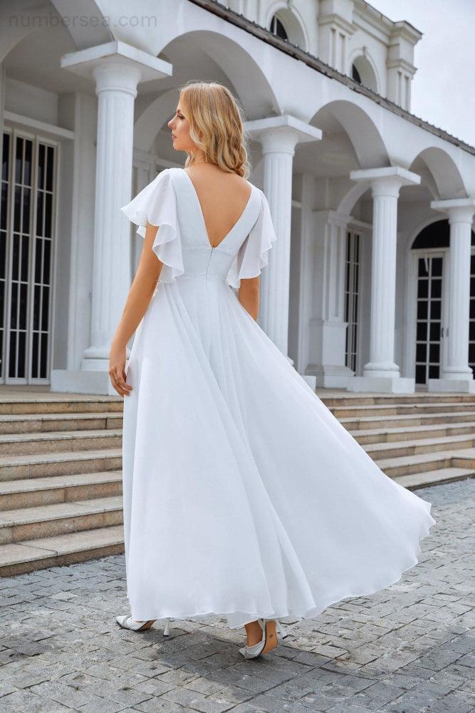 Ladies V Neck Ruffle Sleeves Chiffon Bridesmaid Evening Dress Beach Wedding Party Evening Dress 28097 (ZD17013)