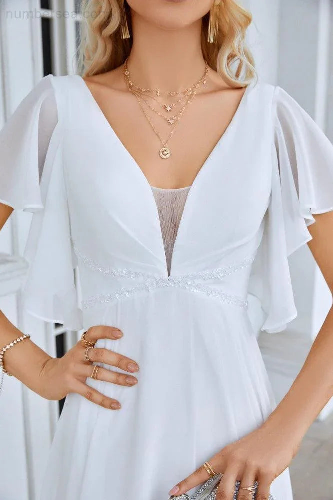 Ladies V Neck Ruffle Sleeves Chiffon Bridesmaid Evening Dress Beach Wedding Party Evening Dress 28097 (ZD17013)