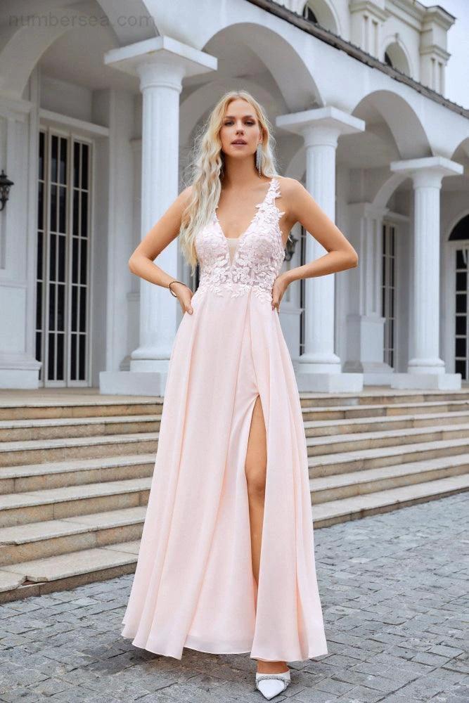 Numbersea Ladies V Neck Front Slit Lace Spaghetti Strap Chiffon Bridesmaid Dress Party Wedding Evening Dress 28088 by numbersea