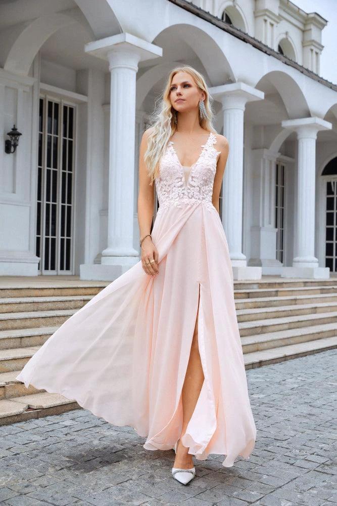 ZapDress Ladies V Neck Front Slit Lace Spaghetti Strap Chiffon Bridesmaid Dress Party Wedding Evening Dress 28088 (ZD16966)
