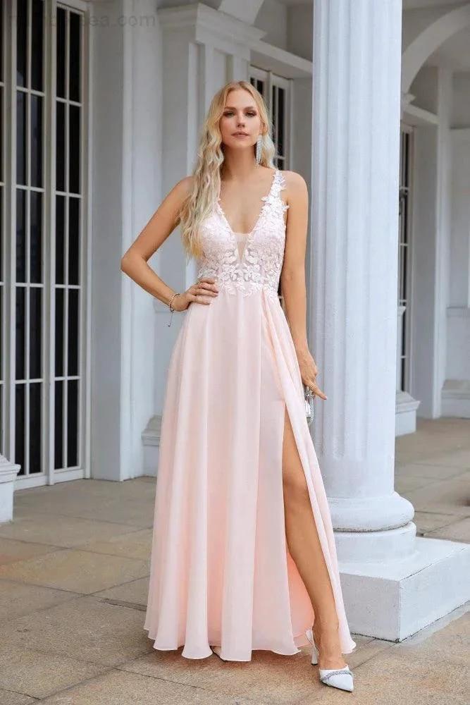 ZapDress Ladies V Neck Front Slit Lace Spaghetti Strap Chiffon Bridesmaid Dress Party Wedding Evening Dress 28088 (ZD16966)