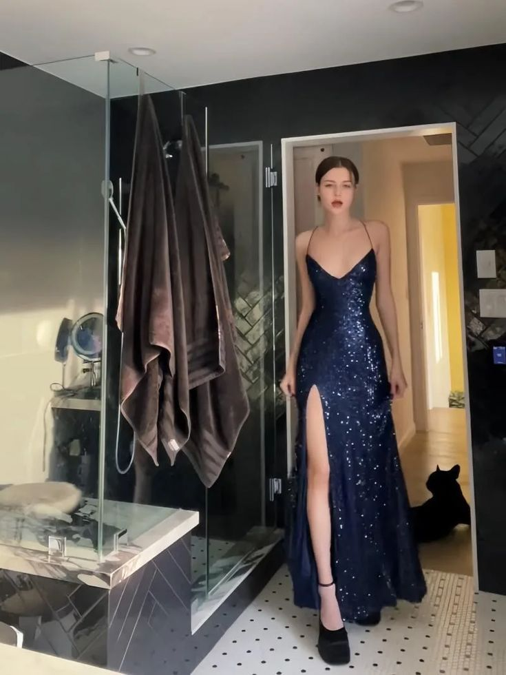 Sexy Navy Blue V Neck Slit Evening Dress Long Prom Dress Y7798 - VelvetHem