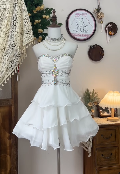 White Strapless Layered Chiffon Beaded Birthday Dress Elegant A Line Homecoming Dress - View 3 | VelvetHem