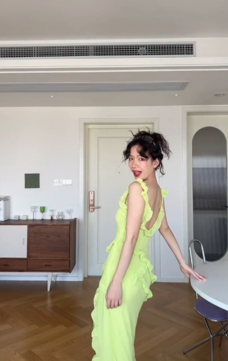 Chic V Neck Lime Green Satin Ruffled Mermaid Party Dress Slit Long Evening Gown - View 3 | VelvetHem