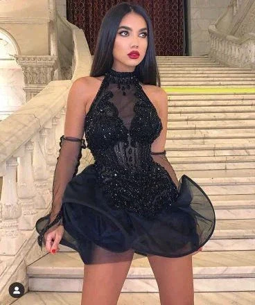 Black homecoming dress tulle short prom party dress (ZD12701)