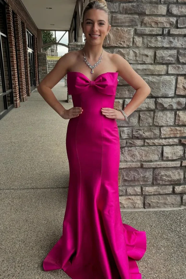 Chic Bow Strapless Mermaid Evening Dress Hot Pink Prom Dress - VelvetHem