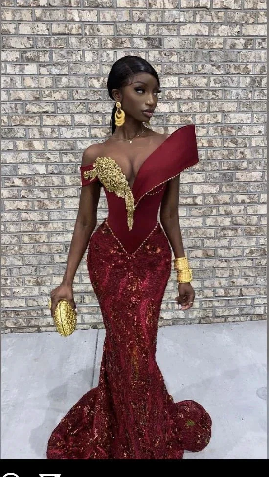 Burgundy African mermaid wedding dress, engagement dress, mermaid prom dress (ZD13692)