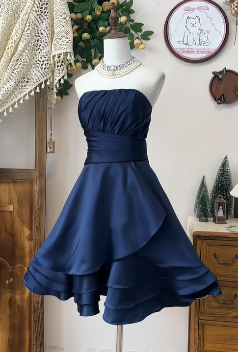 Simple Strapless Navy Blue Satin A Line Homecoming Dress Short Party Dress