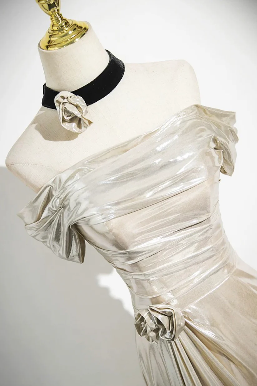 Champagne Off The Shoulder Satin Party Dress, Elegant Mermaid Evening Dress