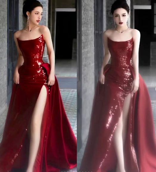 Classy Sheath Strapless Burgundy Sleeveless Long Party Dress Sequin Prom Dresses - View 7 | VelvetHem
