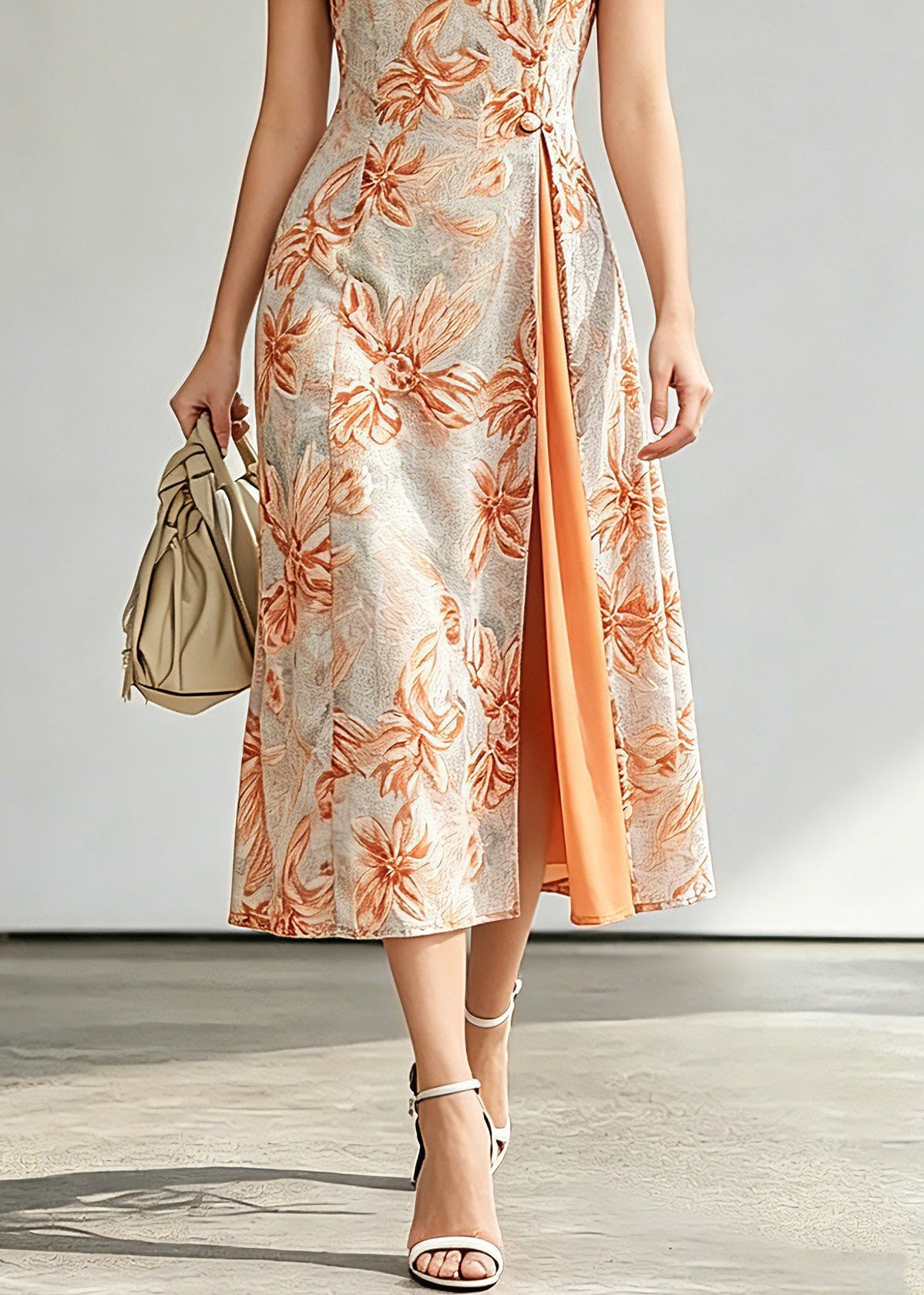 Jacquard Orange O-Neck Asymmetrical Long Dresses Short Sleeve