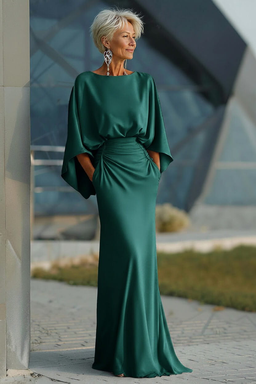 Navy Satin Mermaid Backless Long Mother Of The Bride Dress With Pockets