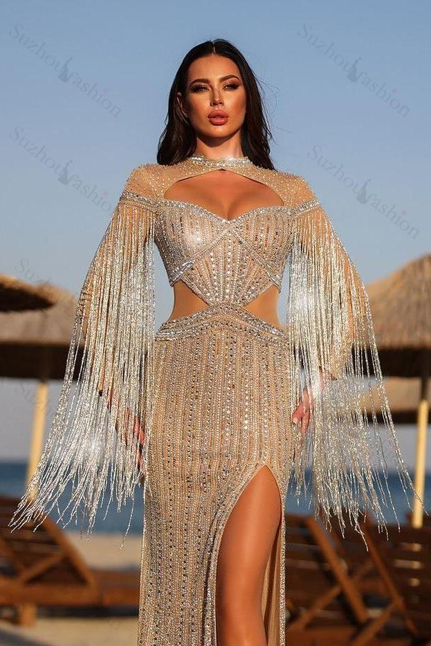 Jewel Neck Long Sleeve Prom Dress Beadings High Split Evening Formal Dress With Tassel