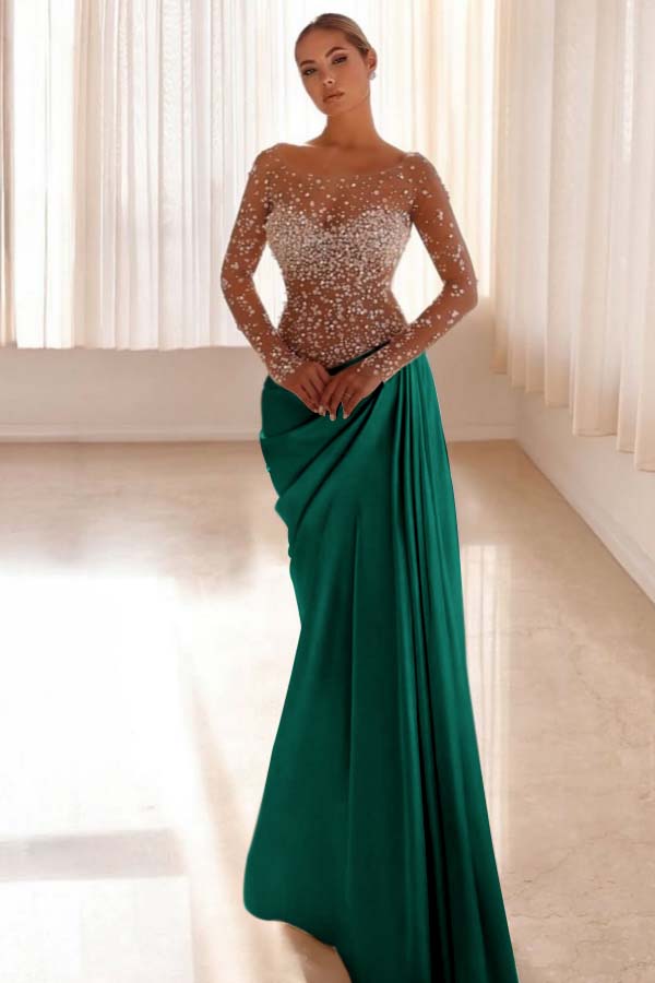 Jewel Neck Long Sleeves Long Mermaid Evening Formal Dress With Pleated