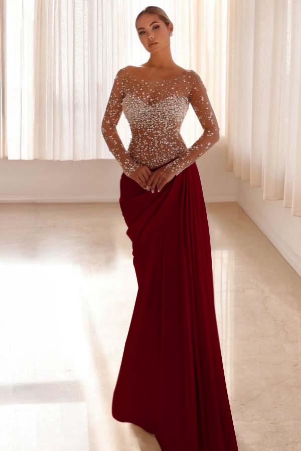Jewel Neck Long Sleeves Long Mermaid Evening Formal Dress With Pleated