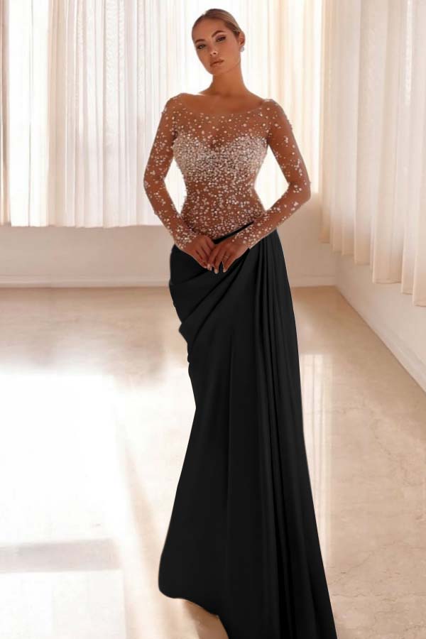 Jewel Neck Long Sleeves Long Mermaid Evening Formal Dress With Pleated