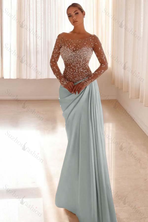 Jewel Neck Long Sleeves Long Mermaid Evening Formal Dress With Pleated