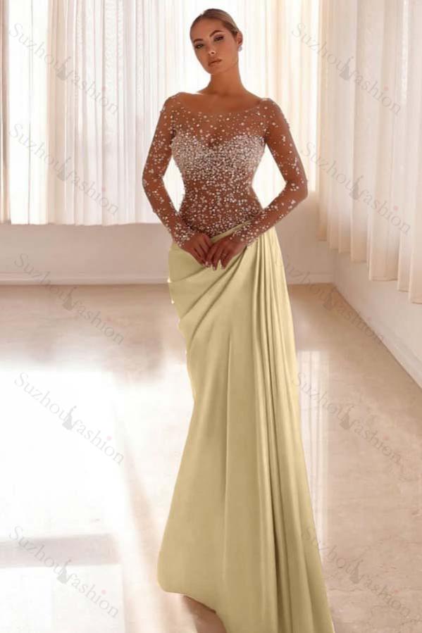 Jewel Neck Long Sleeves Long Mermaid Evening Formal Dress With Pleated